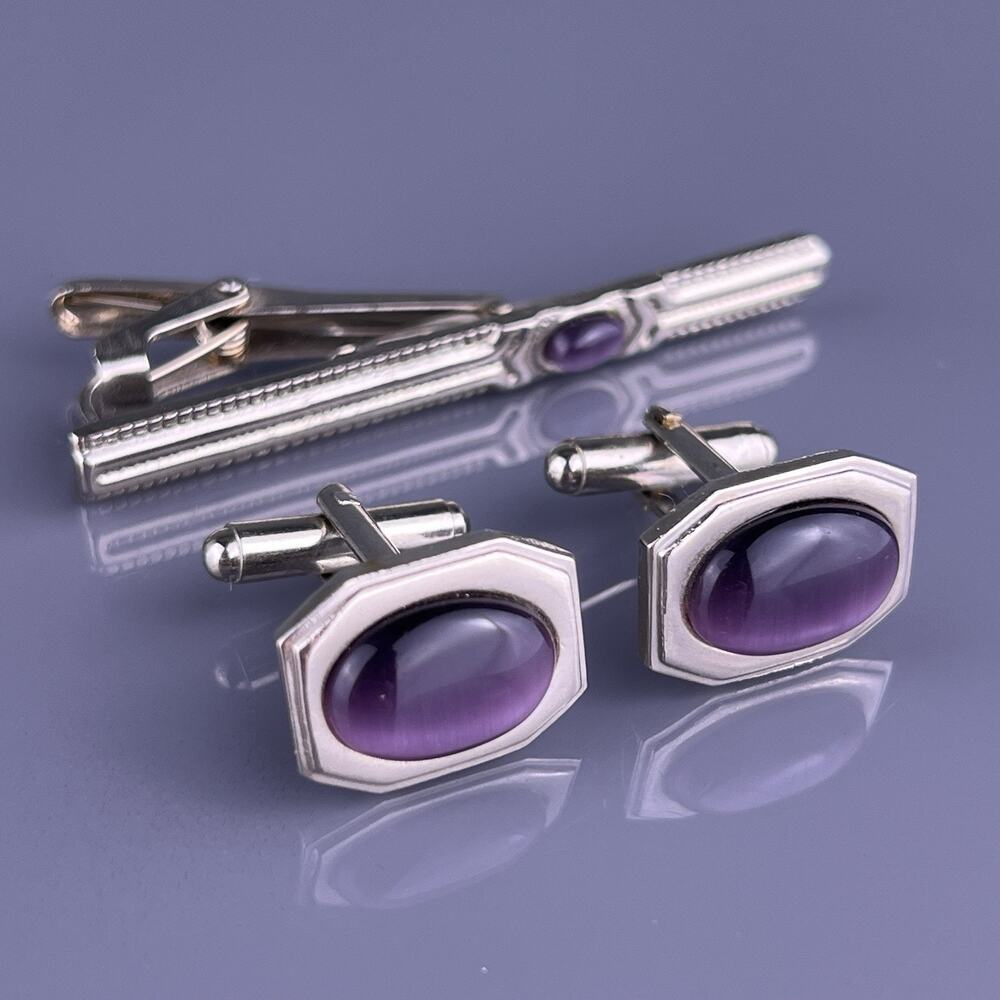 Oval Purple Faux Cats Eye Cufflinks Tie Clip Silver Tone Chatoyant Vintage